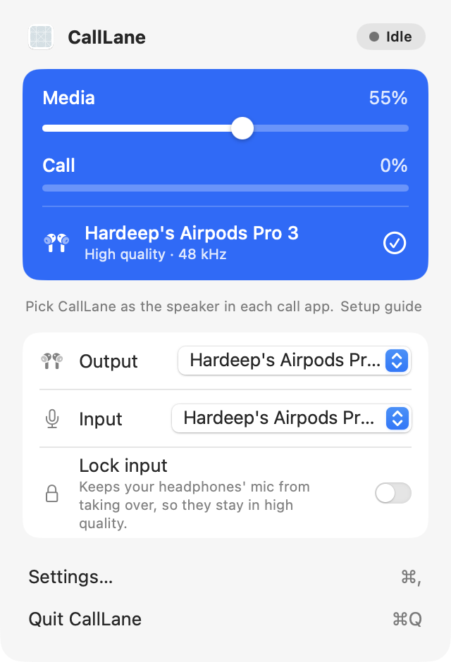 The CallLane menu-bar panel: a blue card with the media volume, the call level and the headphones at high quality, then the output and input pickers and Lock input